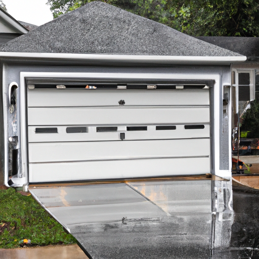 Suburban driveway in Livingston, NJ with a modern sectional garage door and visible rollers and bottom seal on a wet, overcast day.