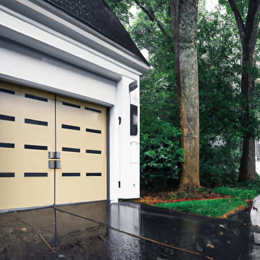 Suburban Livingston driveway with modern steel garage door, visible keypad and smart hub, wet pavement, overcast daylight.