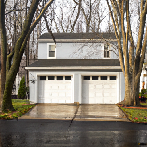 Suburban Livingston home with insulated steel garage door in morning light and wet driveway.