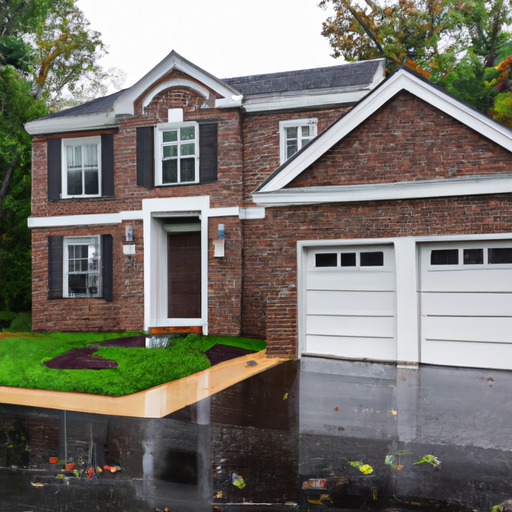 Suburban Livingston brick home with a visible carriage-style garage door on an overcast morning, wet driveway and street.