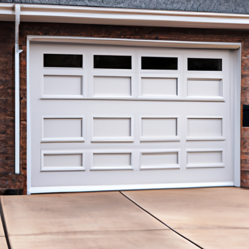 Suburban Livingston home exterior showing a closed residential garage door with visible tracks and hardware, late-afternoon light.