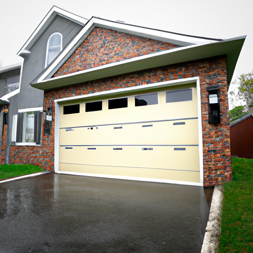 Suburban brick house in Livingston, NJ with a partially open modern raised-panel garage door, driveway and lawn visible.