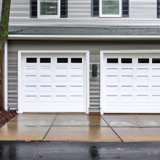 Suburban Livingston NJ home with a closed sectional garage door, visible weatherstripping and threshold after light rain.