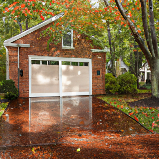 Suburban Livingston driveway with a modern garage door, wet pavement and autumn trees.