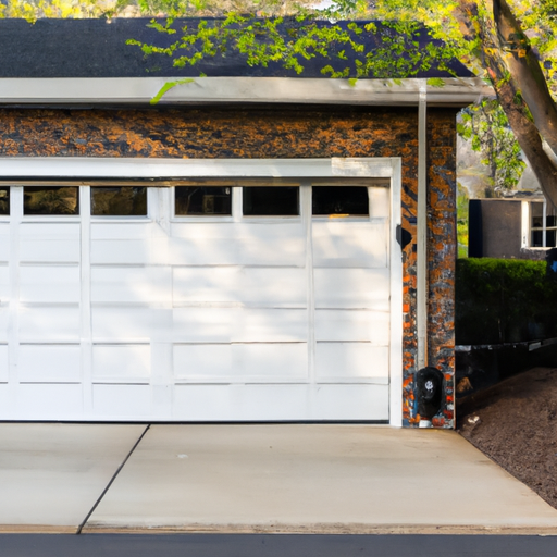 Suburban two-car garage in Livingston, NJ showing a sectional garage door and visible opener rail at late afternoon light.