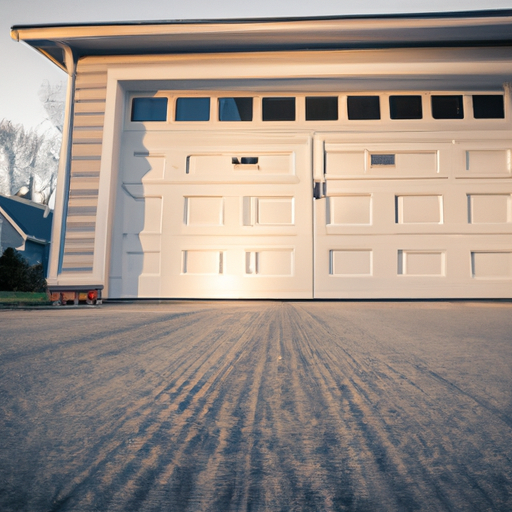 Suburban home garage door at golden hour in Livingston, NJ, panels and track visible, no people.